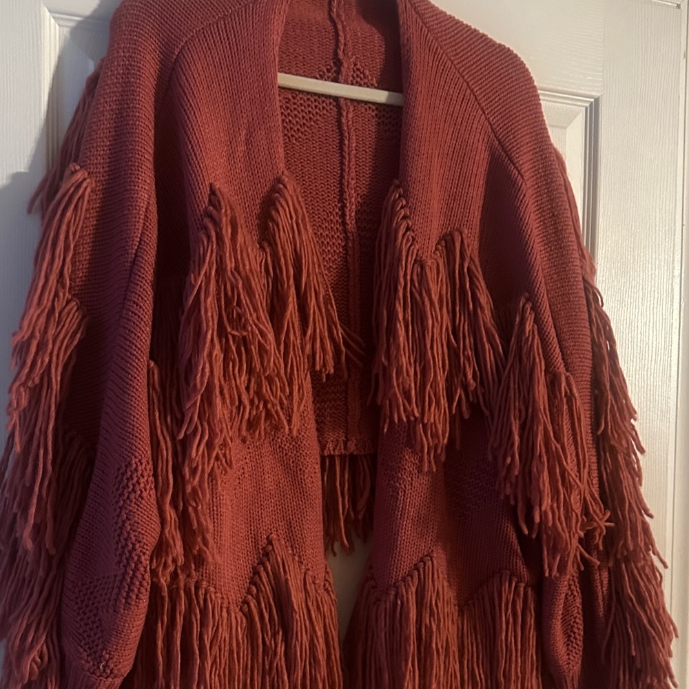Vici Terracotta Fringed Cardigan - Picture 2 of 8